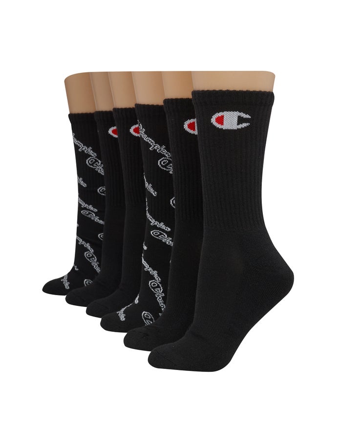 Champion Womens Socks NZ - Crew C Logo 6-Pairs Black ( 8351-THEQZ )